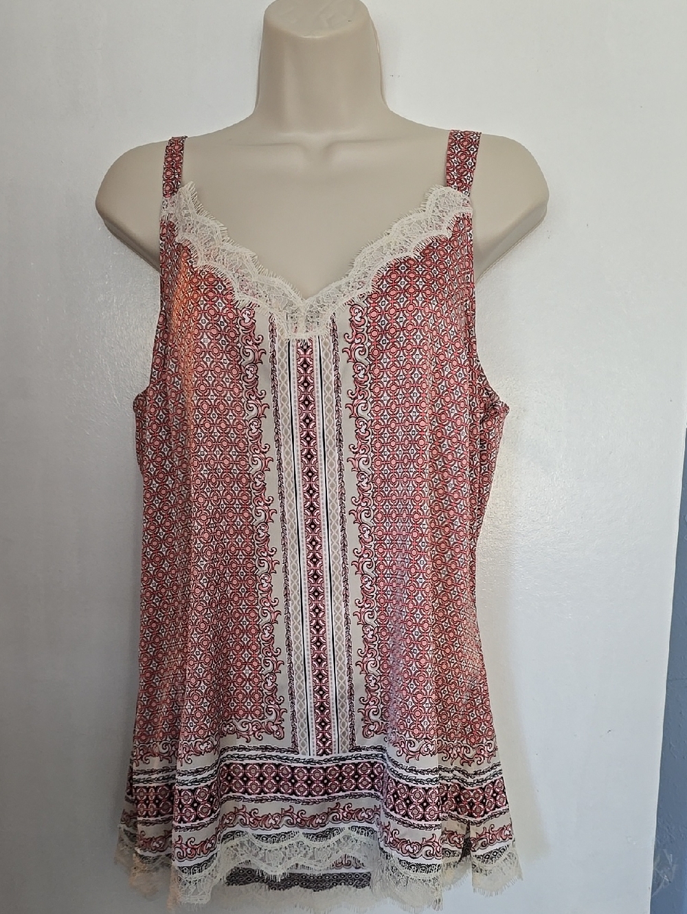 White House Black Market Geometric Printed Lace-Trim Camisole NWT Size L